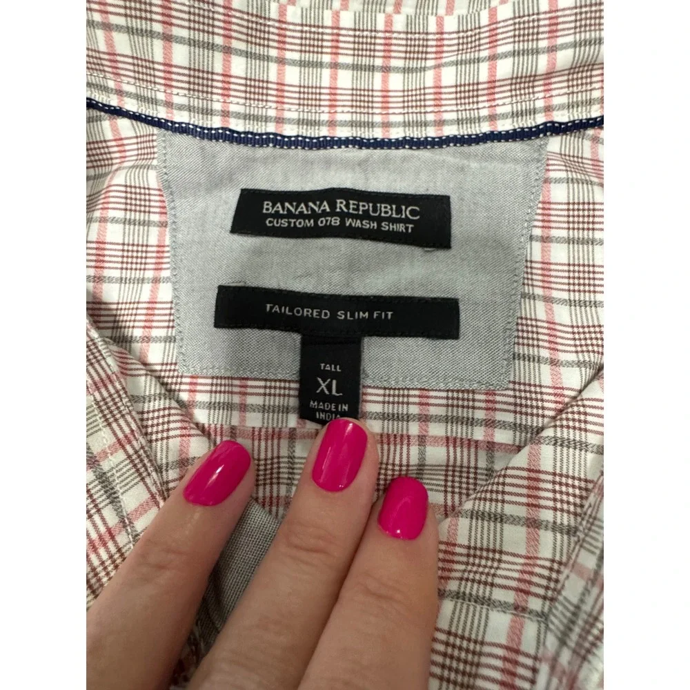 Banana Republic Custom 078 Wash Shirt Mens XL Tall Tailored Slim Fit Plaid Red